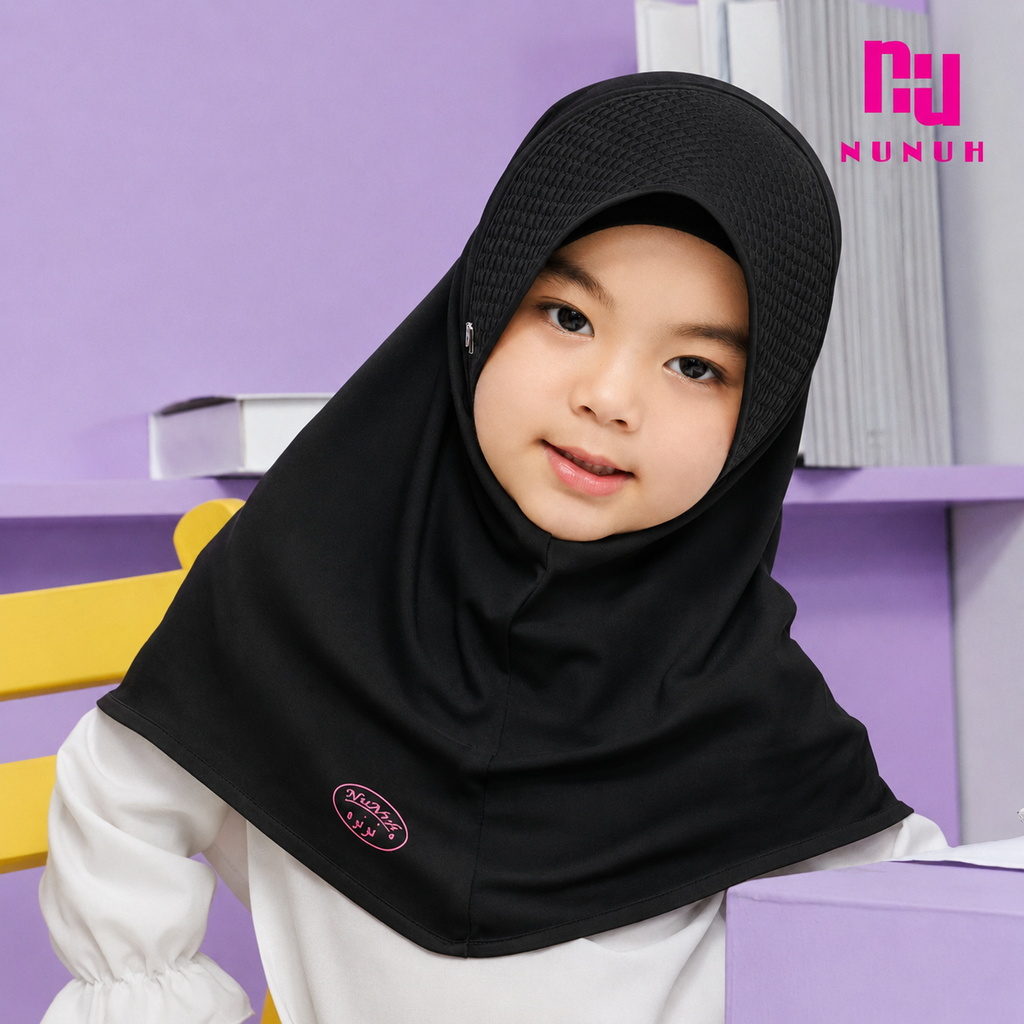 NUH HATI CLASSIC (BLACK) - ผ้าคลุมสวมสำเร็จคลาสสิคสีดำ (แพทเทิร์นฮาตีสำหรับเด็ก)