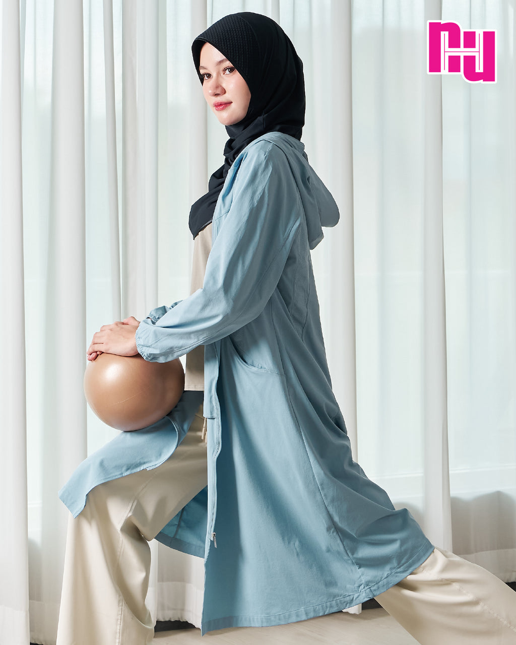 NUH SPORTSWEAR MODESTY HOODED JACKET - Long, hooded, stretchy jacket for exercise.
