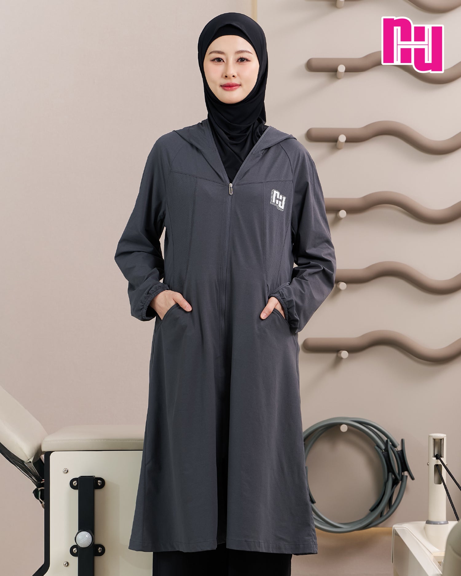 NUH SPORTSWEAR MODESTY HOODED JACKET - เสื้อแจ็กเก็ตผ้ายืดแบบยาวปกปิดมีฮู้ดสำหรับออกกำลังกาย