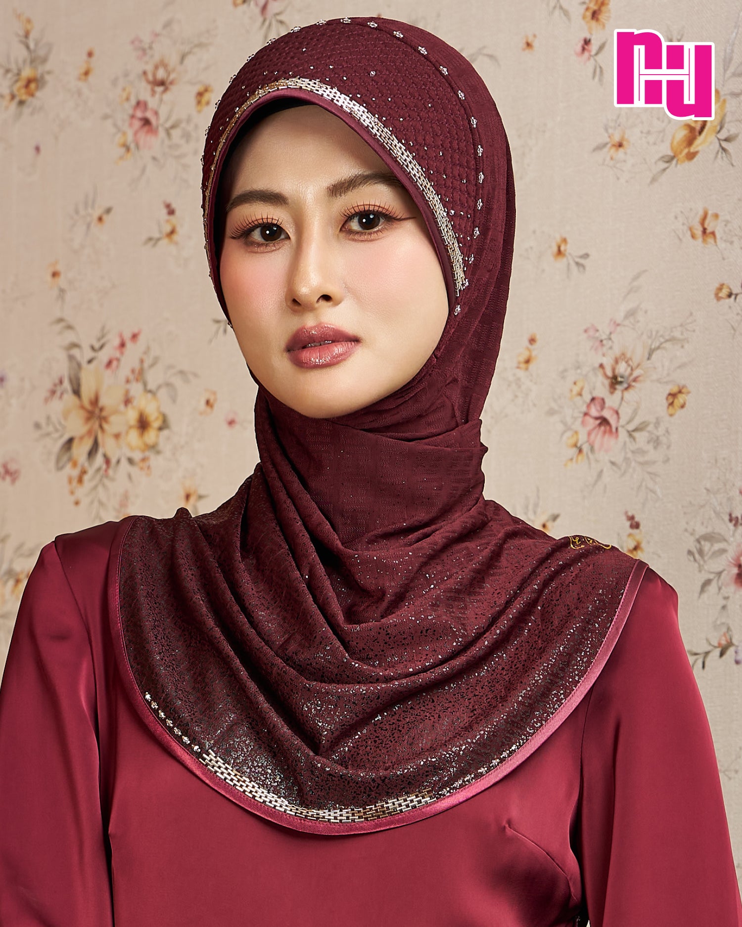 NUH GLAM Ready-to-wear hijab with pearl and crystal embellishments (embroidered hem) - Sponge grid style (FN-N)