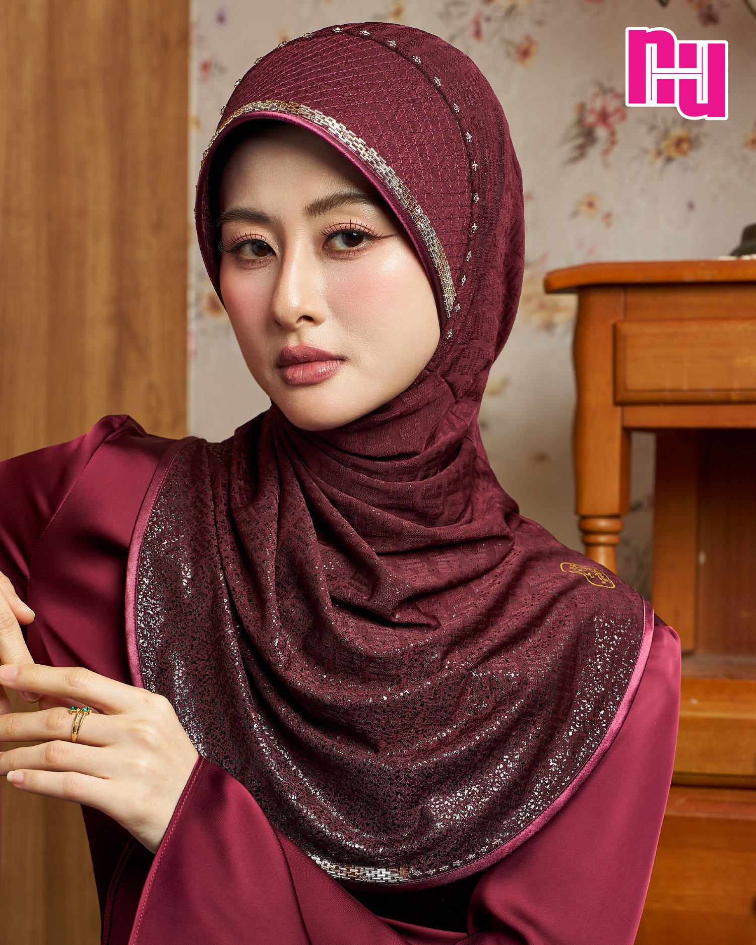 NUH GLAM Ready-to-wear hijab with pearl and crystal embellishments (embroidered hem) - Stiff, stretchy head style (HKY-N)