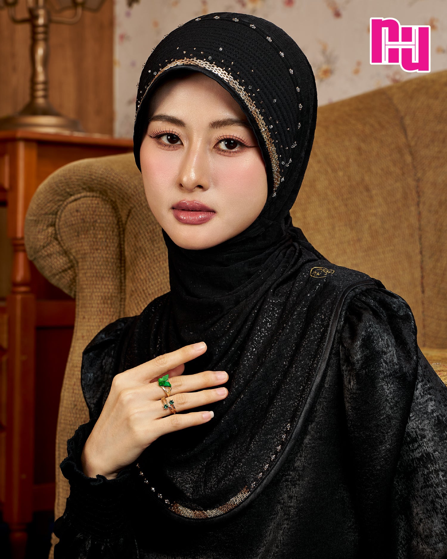 NUH GLAM Ready-to-wear hijab with pearl and crystal embellishments (embroidered hem) - Straight padded style (FN-T)